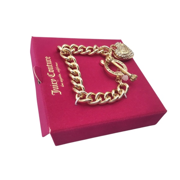 Juicy Couture Gold Chain Bracelet with Rhinestone Heart Charm, Toggle Clasp, Y2K - Picture 5 of 10